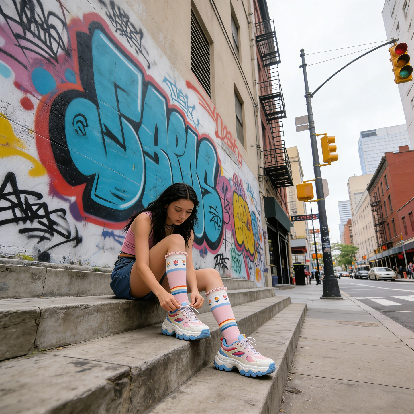 Ruffled Color Blocked Mid Calf Socks