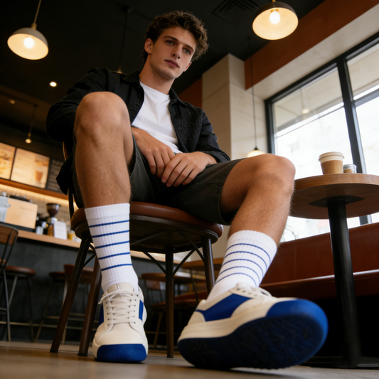 White and Blue Pinstripe Socks
