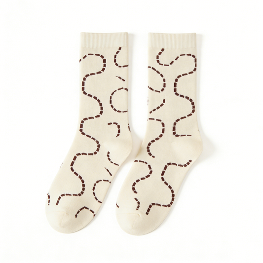 Cream with Brown Wavy Line Crew Socks